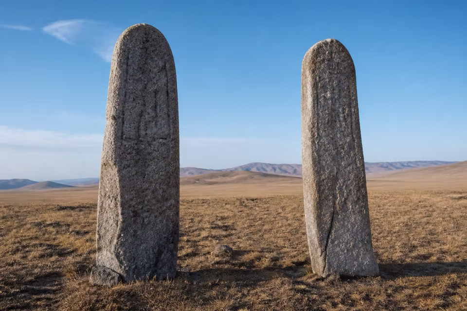 Bozkırda ayakta duran iki yıpranmış taş yazıt