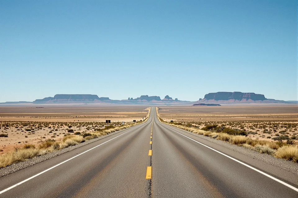 An empty two-lane highway running toward desert plateaus in the United States