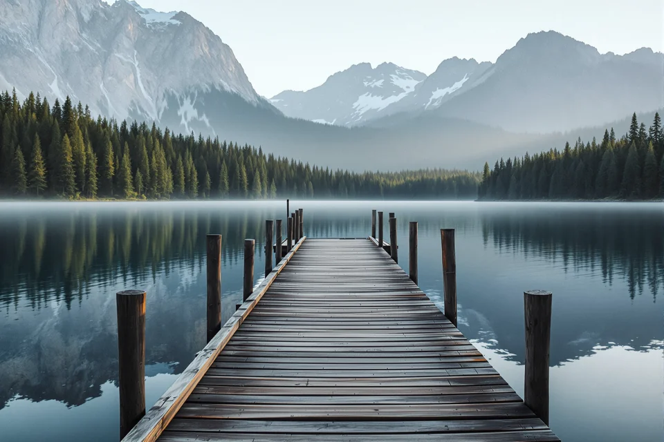 A wooden jetty reaching into a calm lake below mountains at early morning in the United States
