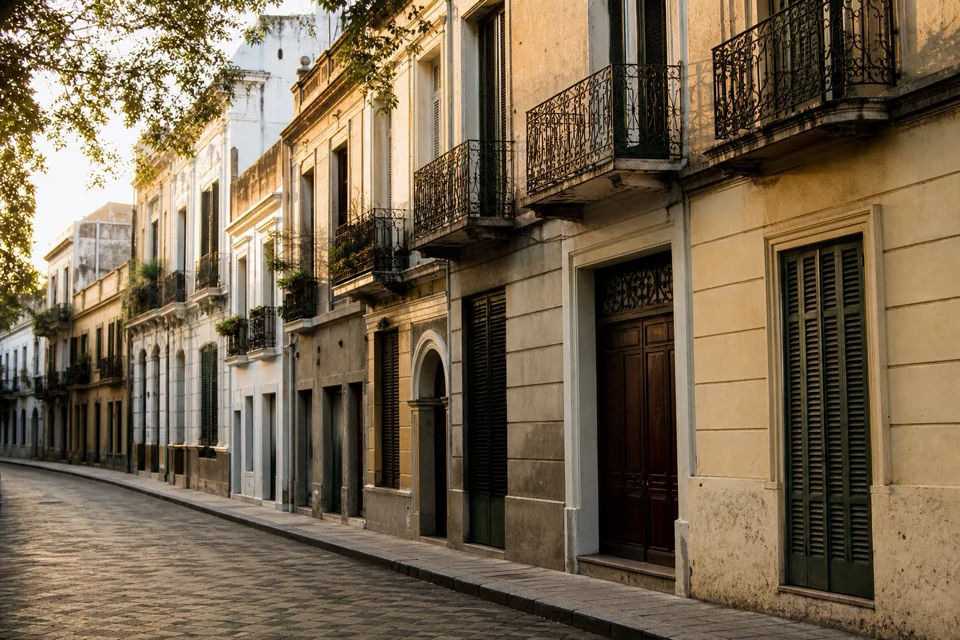A cobbled street of row houses with wrought iron balconies in evening light in Argentina
