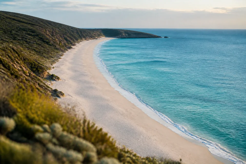 From a headland, a long beach curving toward turquoise water in Australia