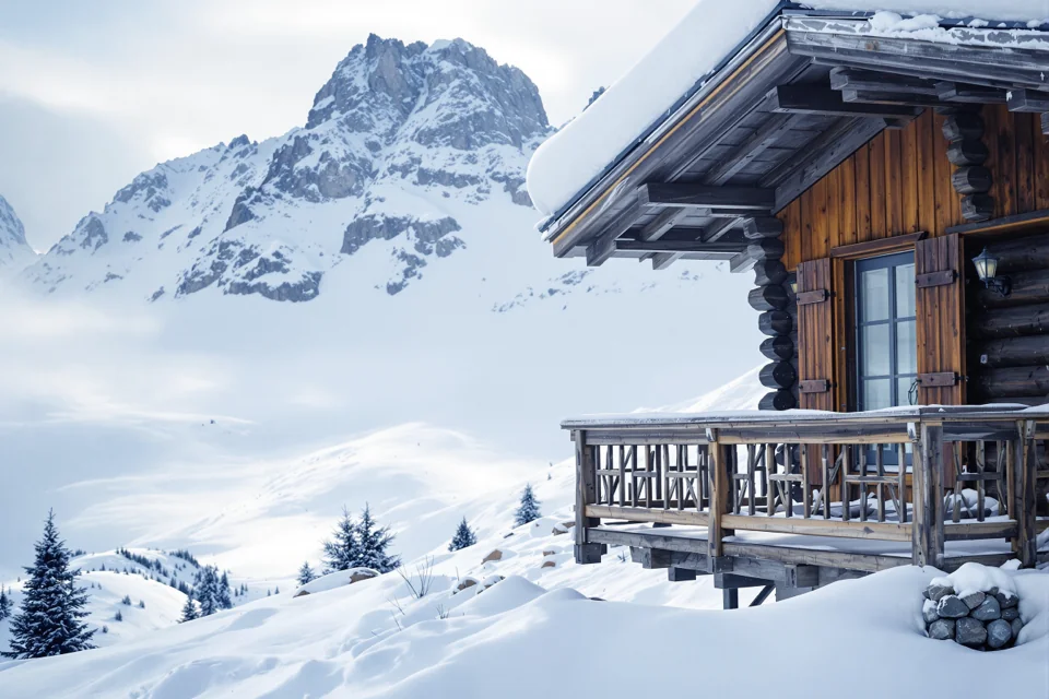 A mountain house with wooden balconies in Austria standing under fresh snow