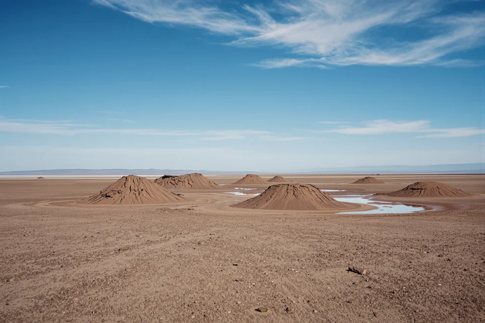 Small mud volcanoes lined across a barren plain in Azerbaijan under a wide sky