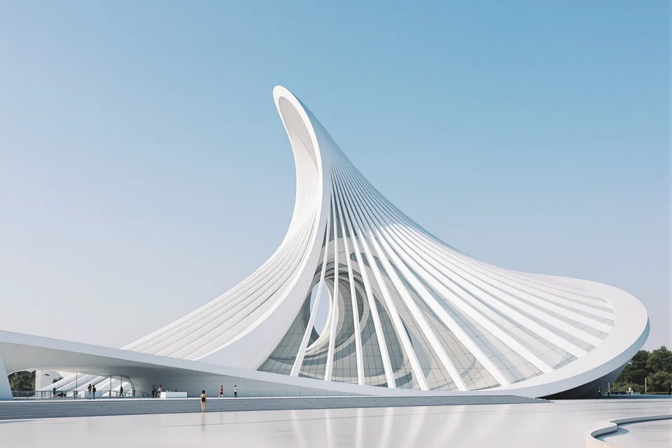 Fan-shaped white contemporary building rising over an open plaza in Azerbaijan