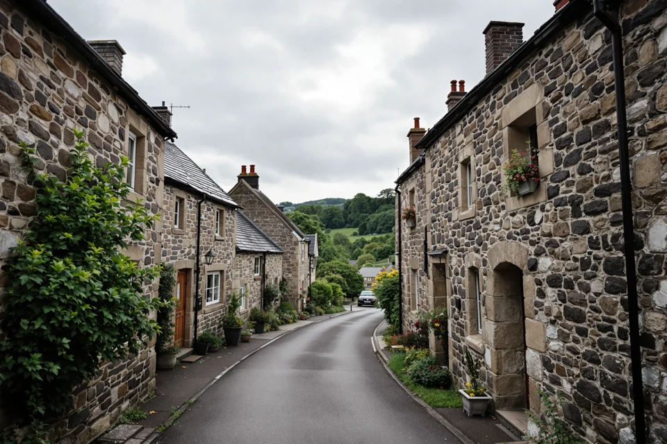 A stone village street lined with slate-roofed houses in the United Kingdom under a grey sky