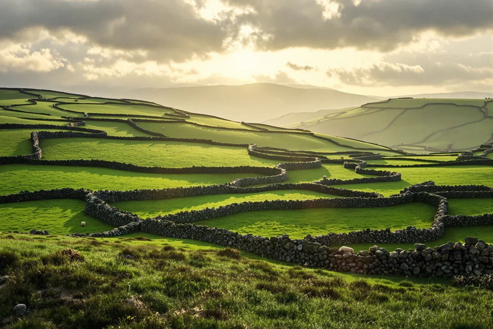 Sheep grazing on green hills divided by dry stone walls in the United Kingdom