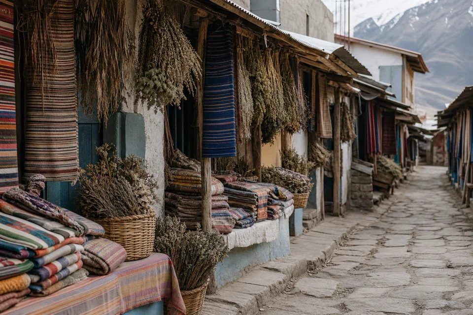 A market street of striped weavings and dried grasses in a high town in Bolivia