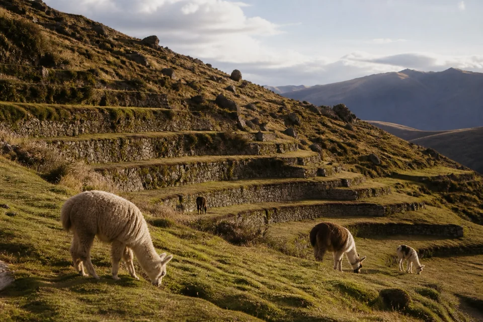 Llamas grazing among terraced potato fields on a steep hillside in Bolivia