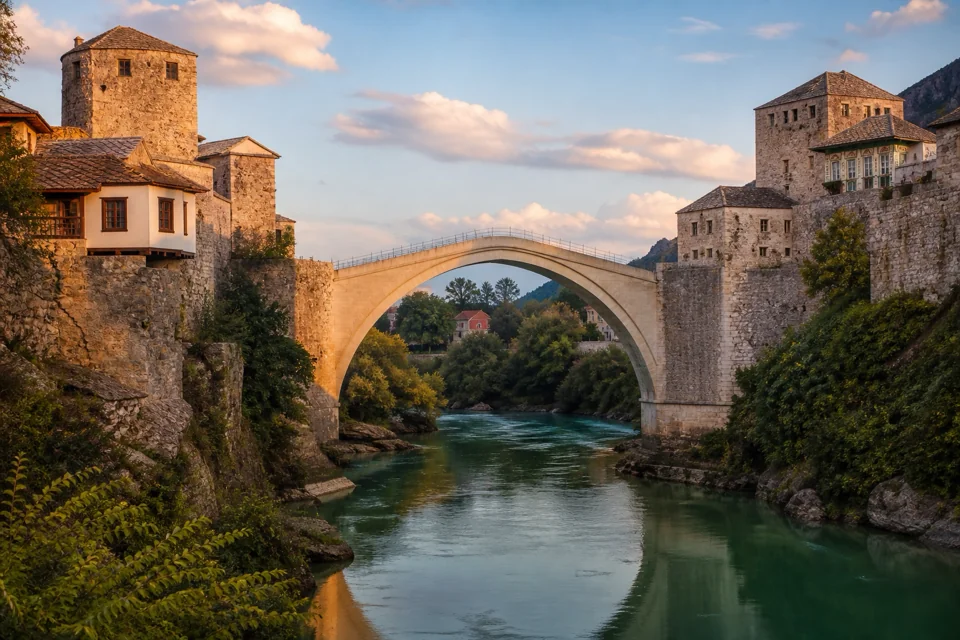 A white stone arched bridge over an emerald river in Bosnia and Herzegovina
