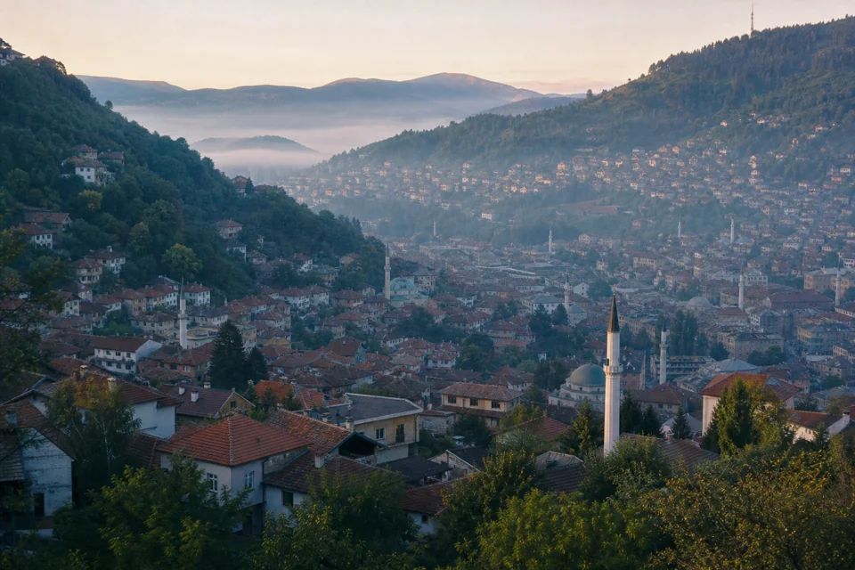 A red-roofed valley among forested hills in the morning mist in Bosnia and Herzegovina