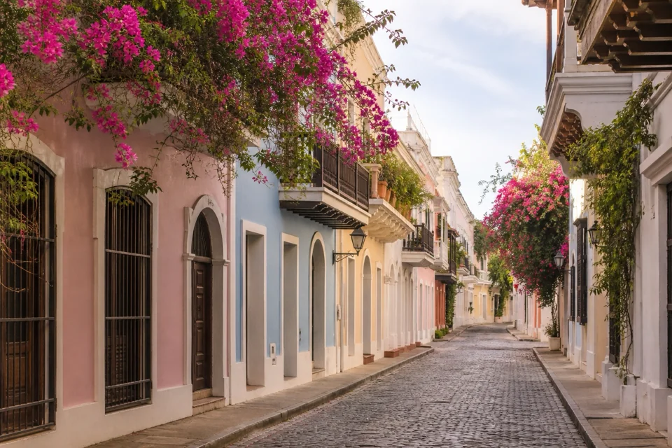 Bougainvillea spilling from the balconies of pastel colonial houses in Brazil