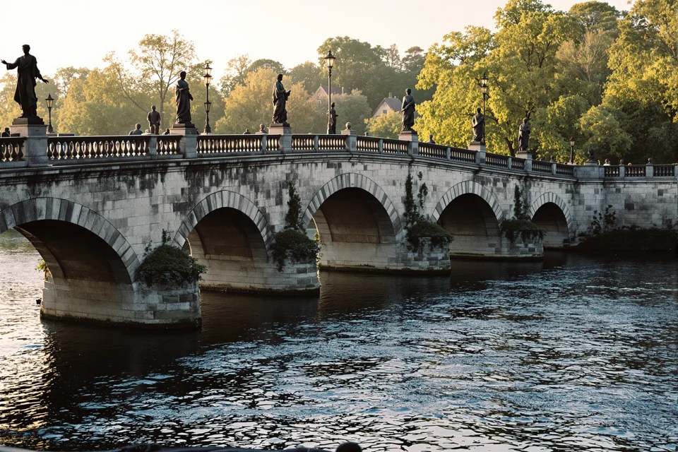 A statue-lined stone bridge stretching across the river in Czechia