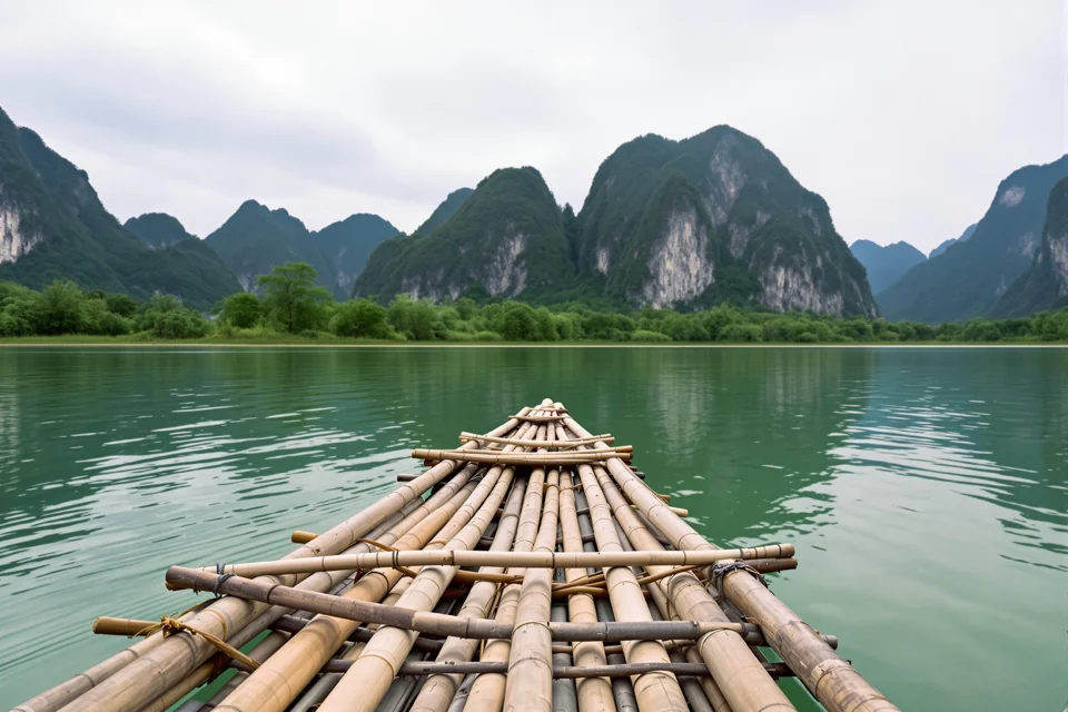 A bamboo raft drifting down a green river among steep limestone peaks in China