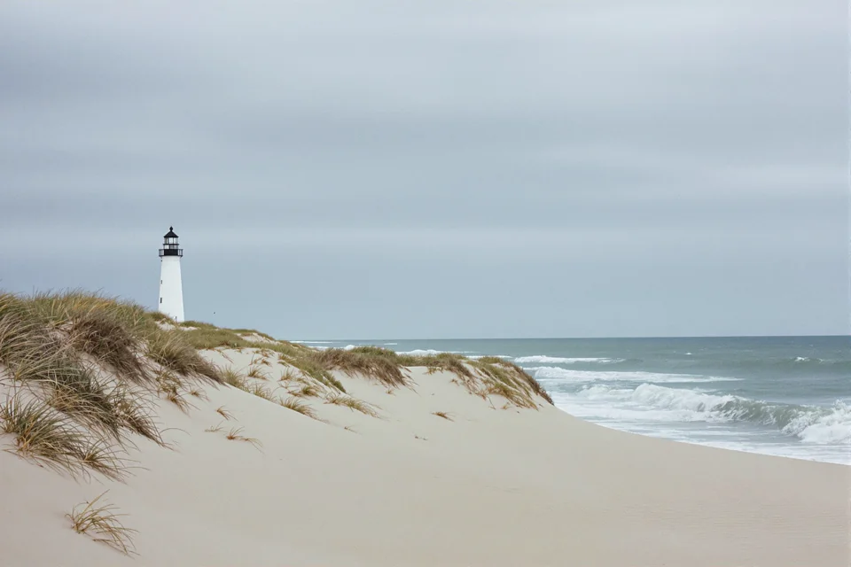 A white lighthouse rising among dunes on the coast of Denmark