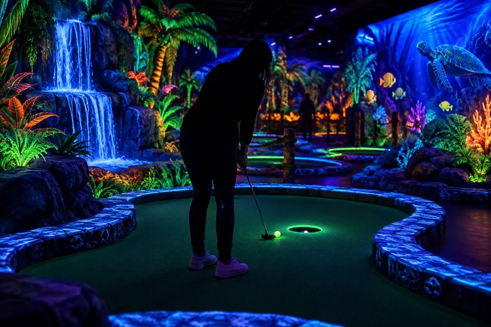 Glow-in-the-dark mini golf course under blacklight; visualisation