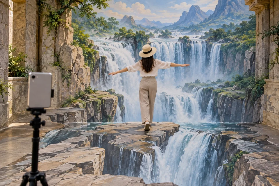 3D illusion waterfall mural with a visitor posing, from behind; visualisation