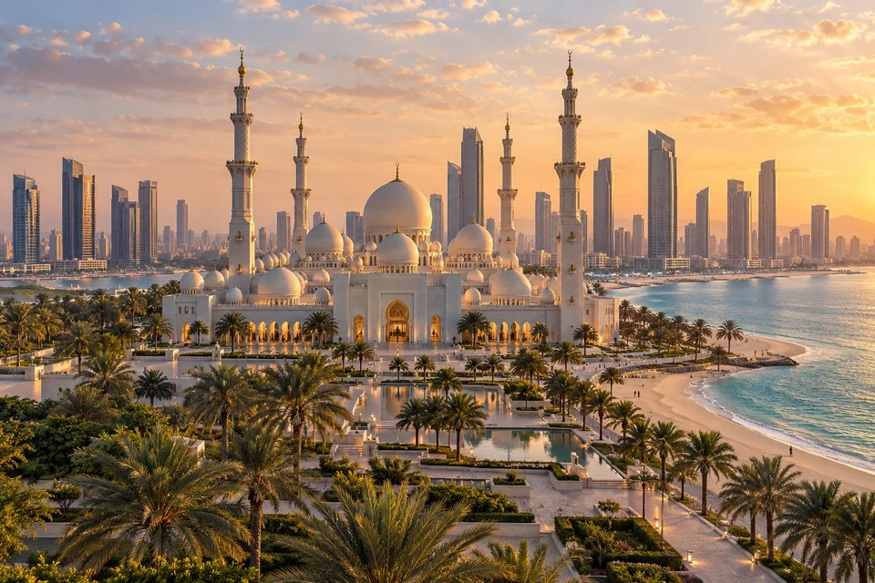White marble mosque with a corniche and modern towers behind; visualisation