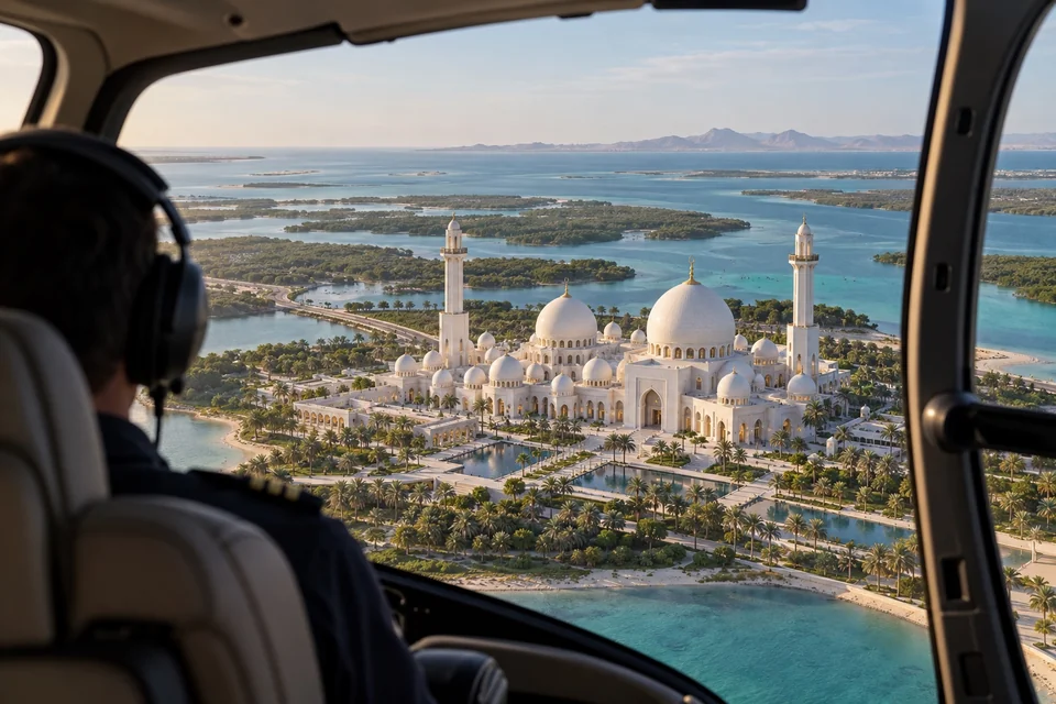 Helicopter view over a white multi-domed mosque and mangrove channels; visualisation