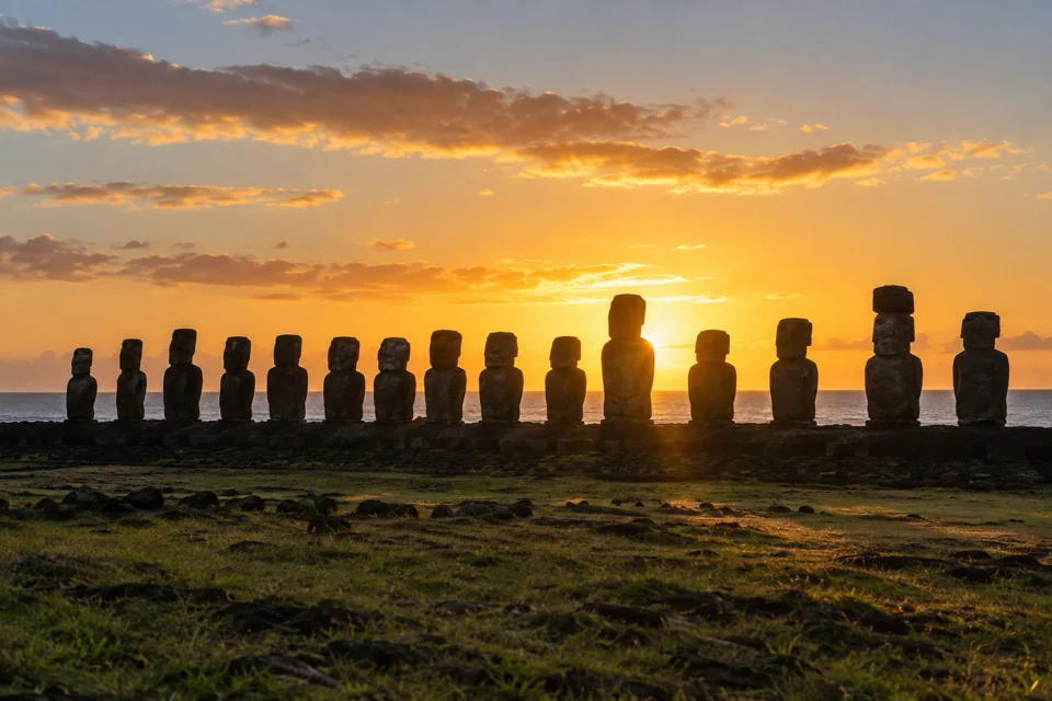 The 15 Moai of Ahu Tongariki at Pacific sunrise on Easter Island