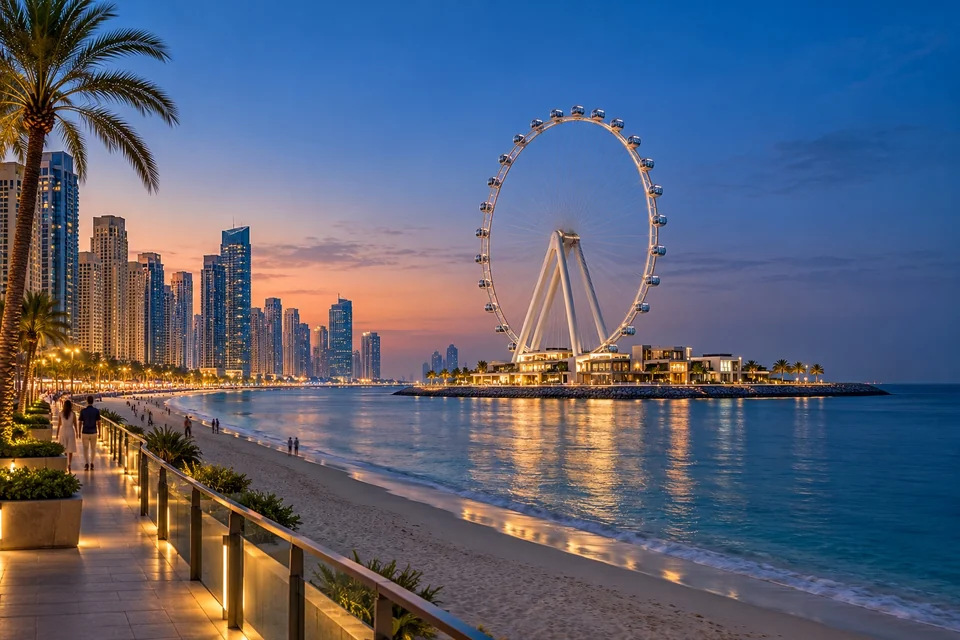 Giant observation wheel off a tower-lined beach at blue hour; visualisation