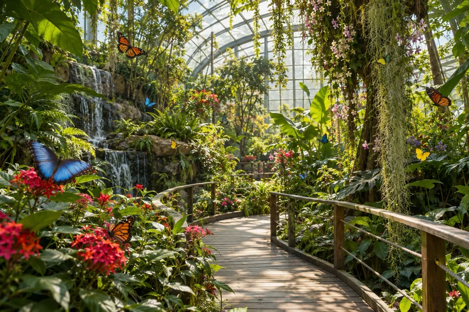 A glass-roofed tropical butterfly house in Sharjah with a wooden walkway, flowers and blue and orange butterflies, visualization
