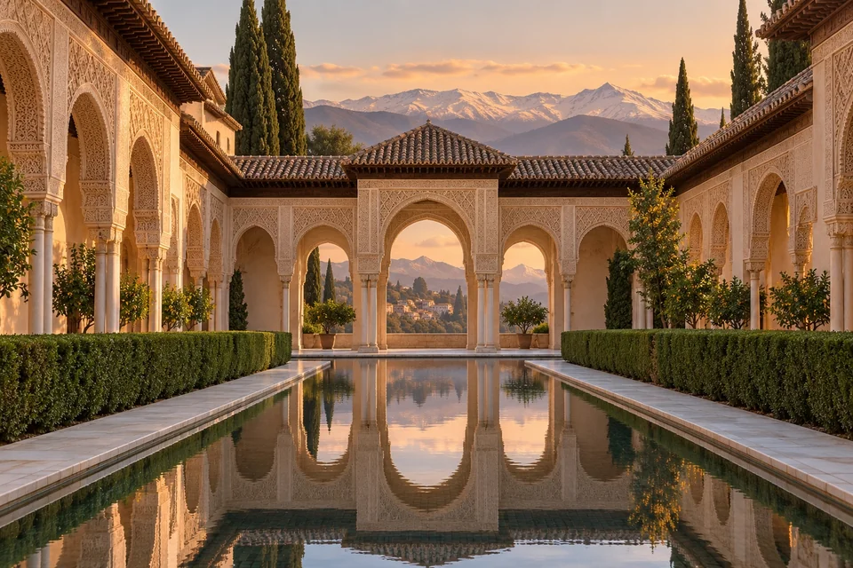Courtyard with a reflecting pool and carved stucco arches; visualisation