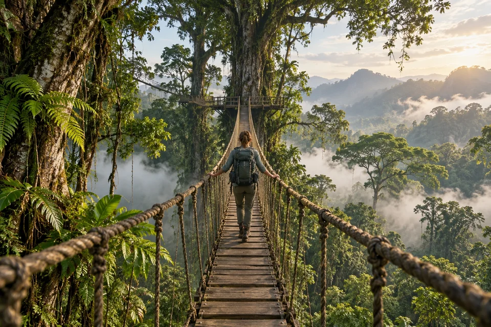 Rope suspension walkway high in the rainforest canopy; visualisation