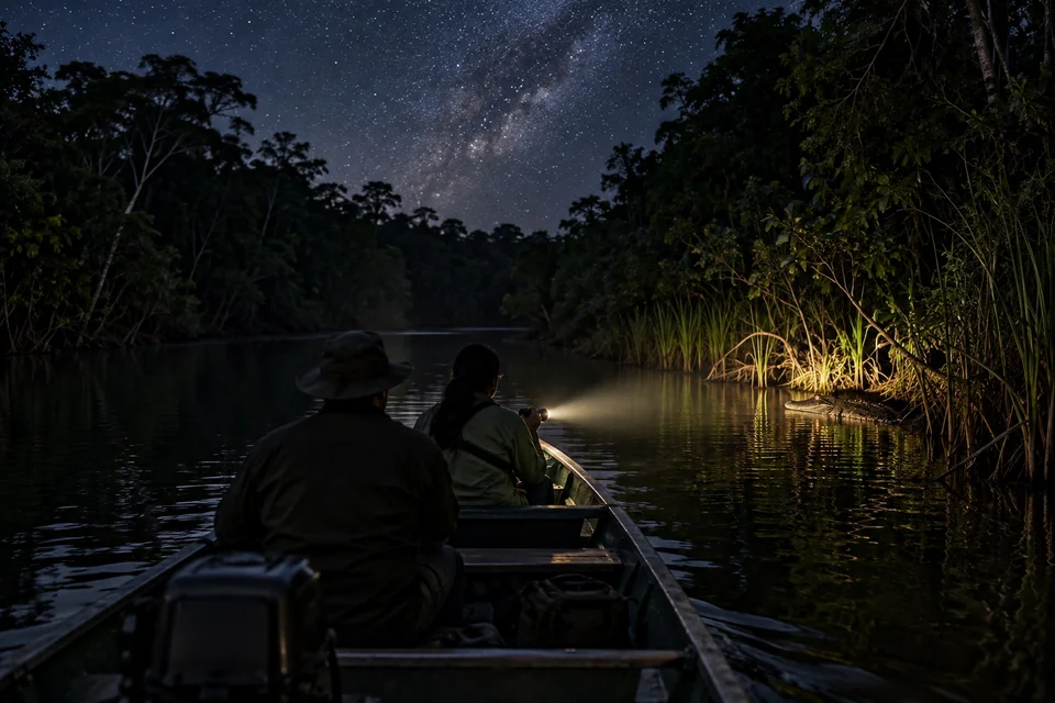 Canoe at night with a torch catching a caiman's eyeshine; visualisation