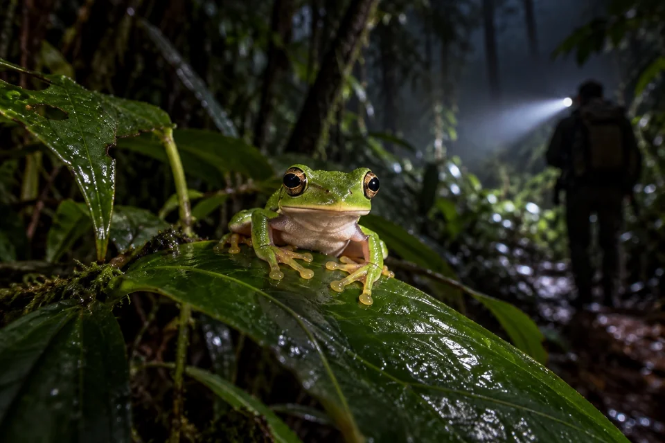 Tree frog on a leaf lit by a torch in the night rainforest; visualisation