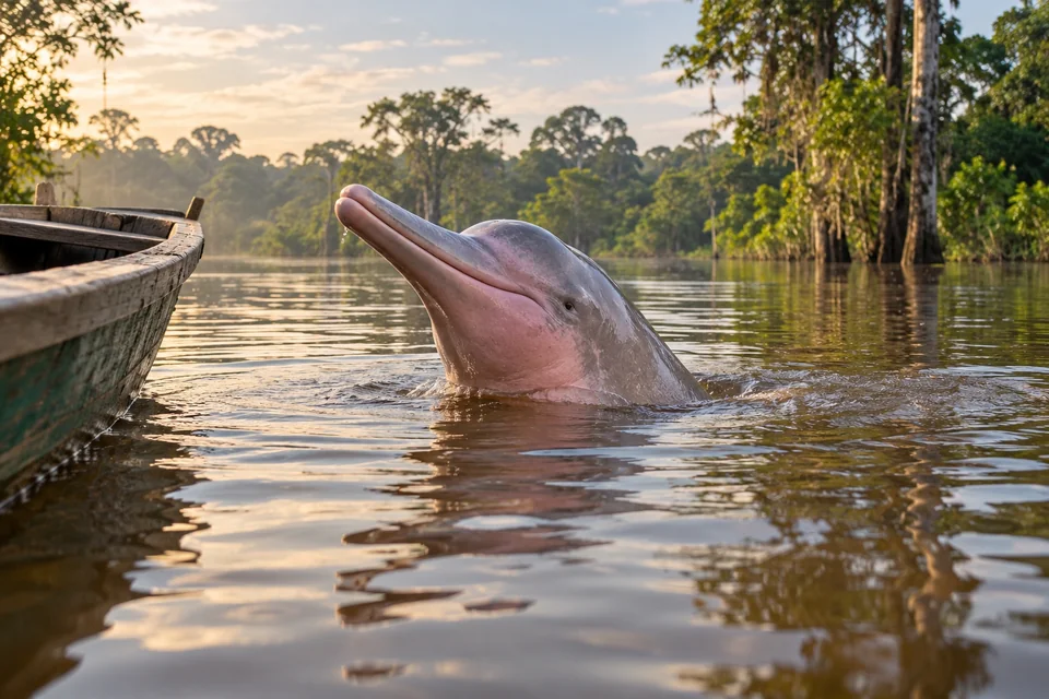 Pink river dolphin surfacing beside a wooden boat; visualisation