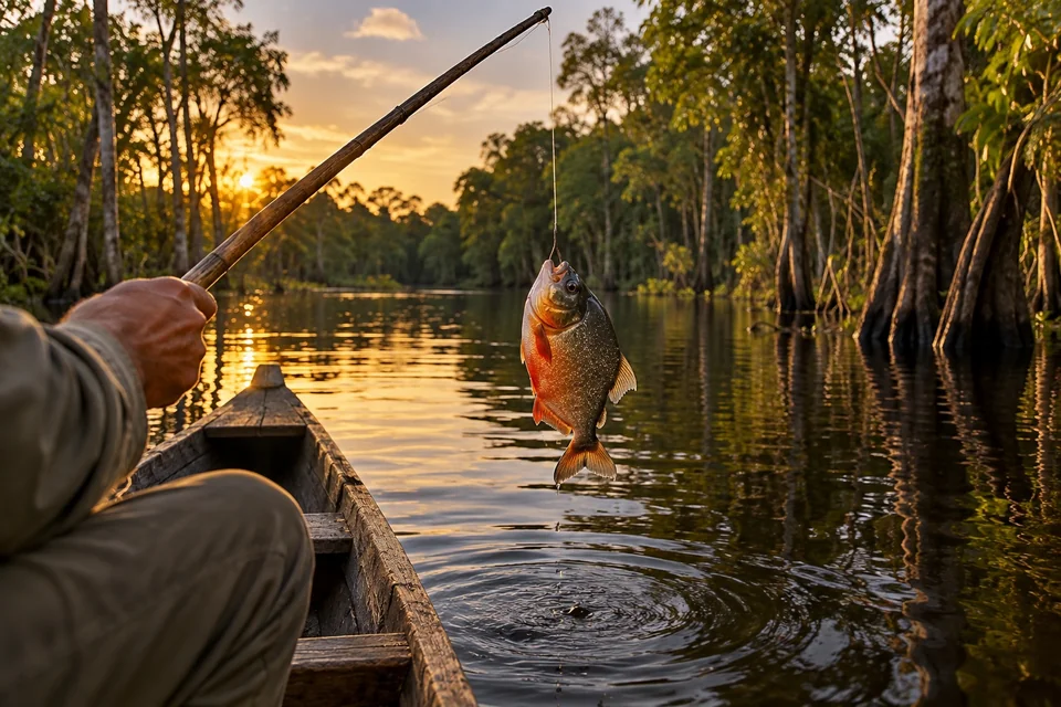 Piranha on a wooden fishing line from a canoe; visualisation