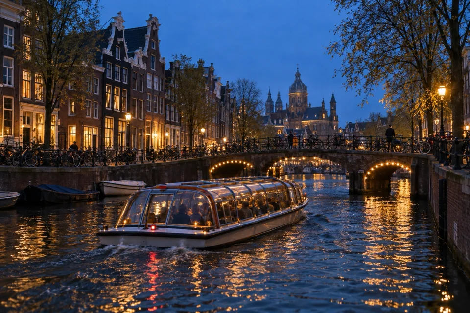 Glass-roofed tour boat passing gabled houses on the Amsterdam canals