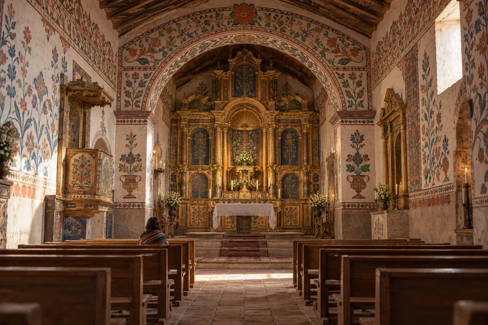 Colonial church interior covered in painted murals and gilded altars; visualisation