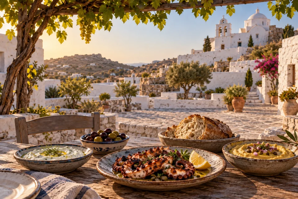 Greek meze with grilled octopus under a vine pergola; visualisation