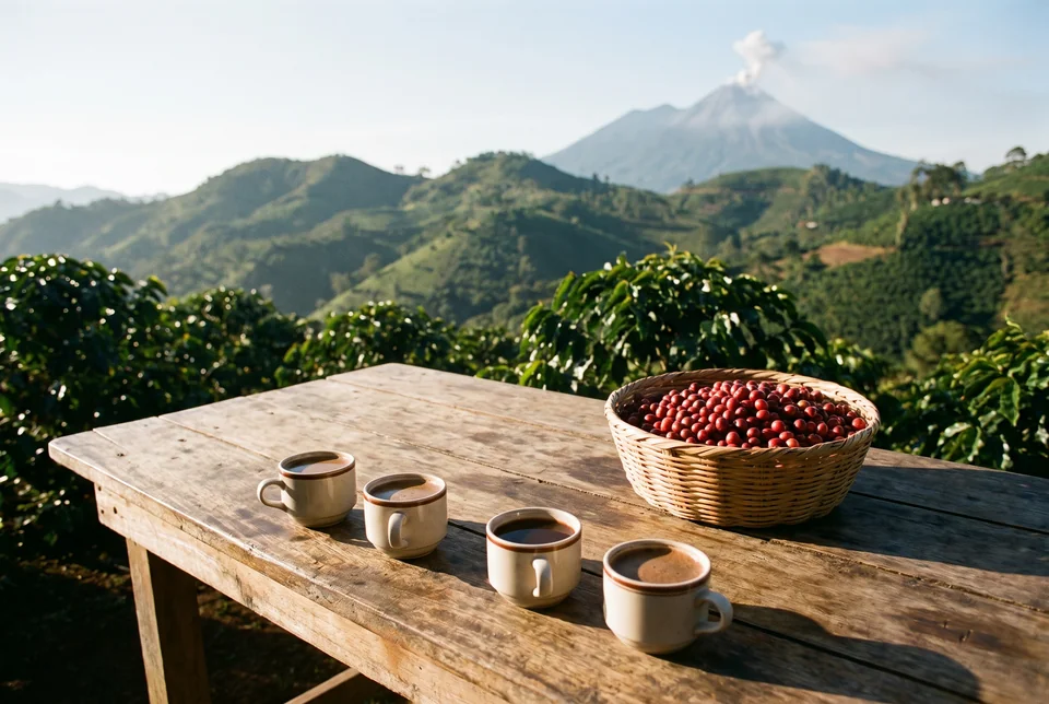 Coffee cups and ripe coffee cherries on a table at an Antigua plantation with a volcano behind, visualization