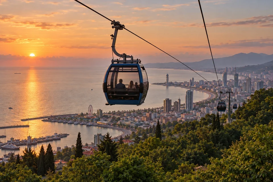 Cable car over green hills above a seaside city at sunset; visualisation