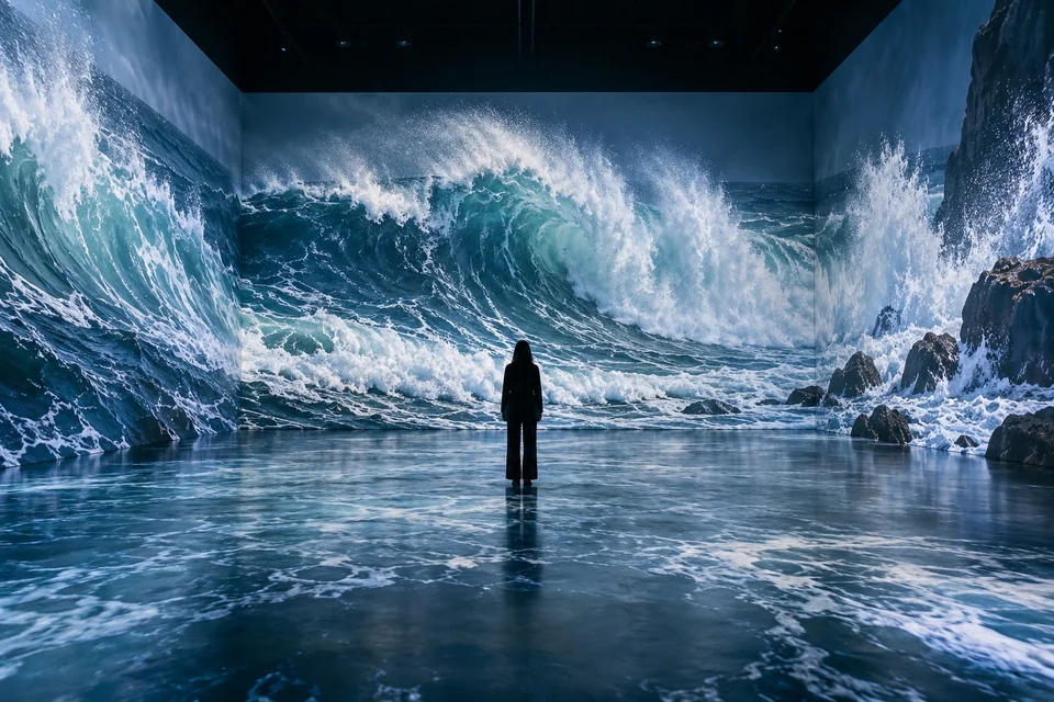 Visitor silhouette amid projected ocean waves in an immersive gallery; visualisation