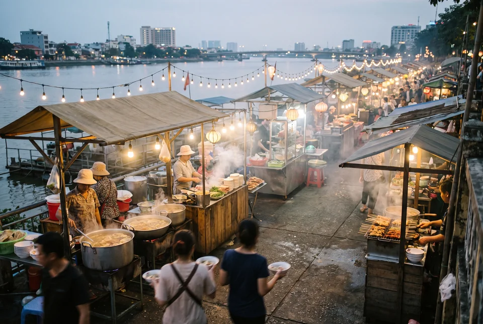 Riverside night market with string lights and street food, Bangkok, visualization
