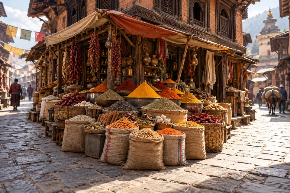 Colourful spices and lentils in sacks at an old market; visualisation