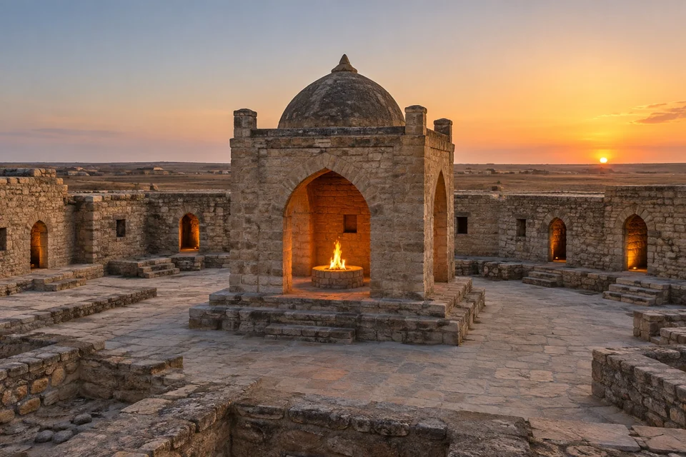 Natural flame at a domed stone altar in a fire temple courtyard on flat dry land; visualisation