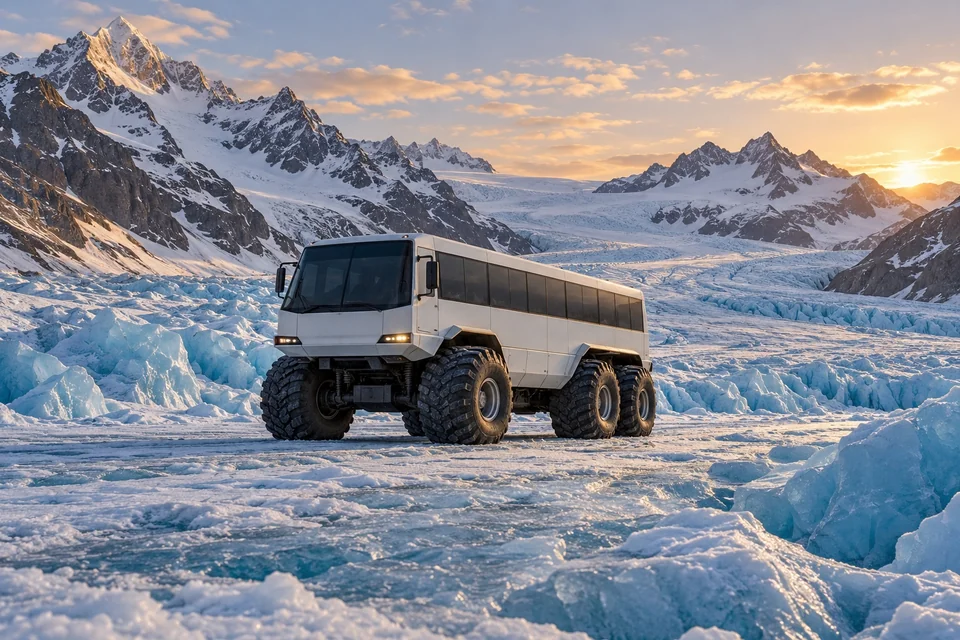 Giant all-terrain bus on a glacier under jagged peaks; visualisation