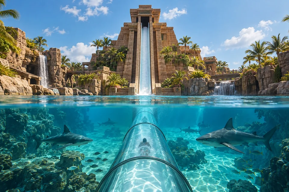 Near-vertical water slide ending in a clear tube through a shark lagoon; visualisation