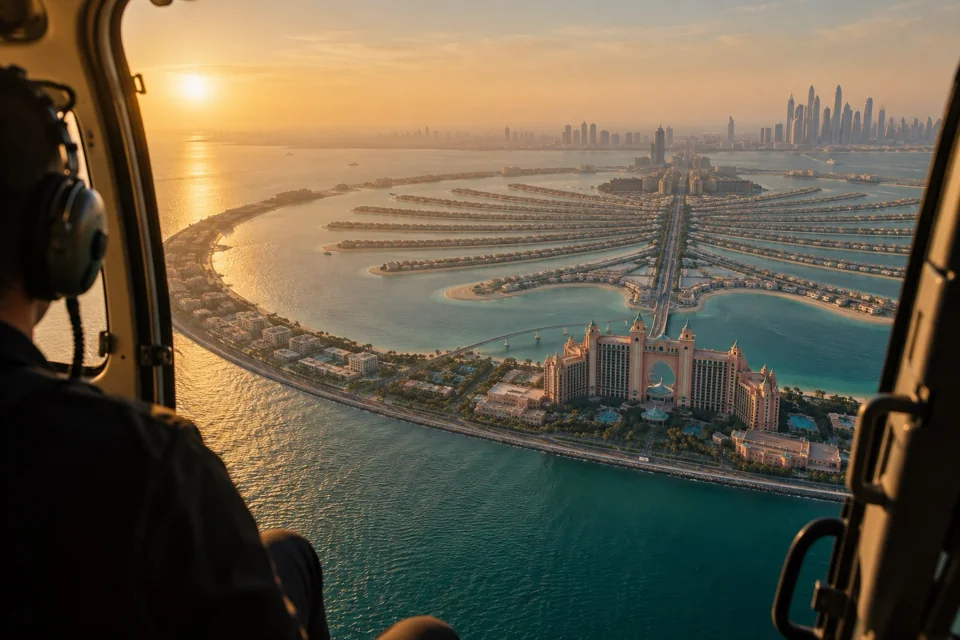 Flight over Dubai through an open helicopter door, Palm Jumeirah and Atlantis The Palm below