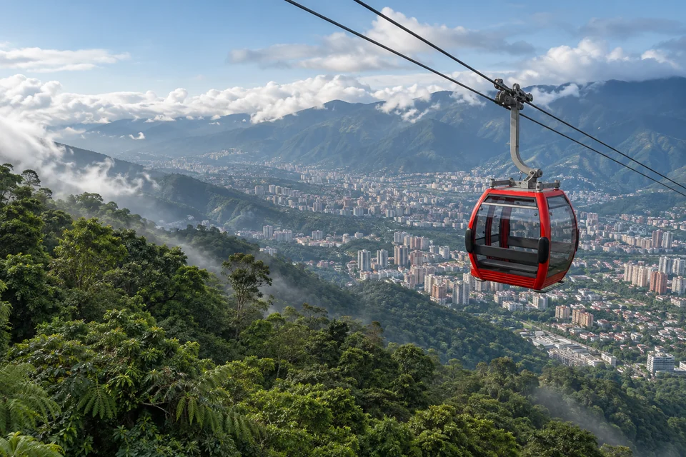 El Avila Milli Parkı'nın bulut ormanı üstünde süzülen teleferik ve aşağıda Karakas