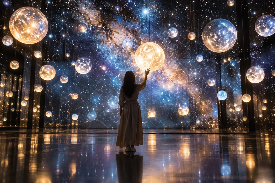 Digital art room with glowing orbs and a projected starry cosmos; visualisation