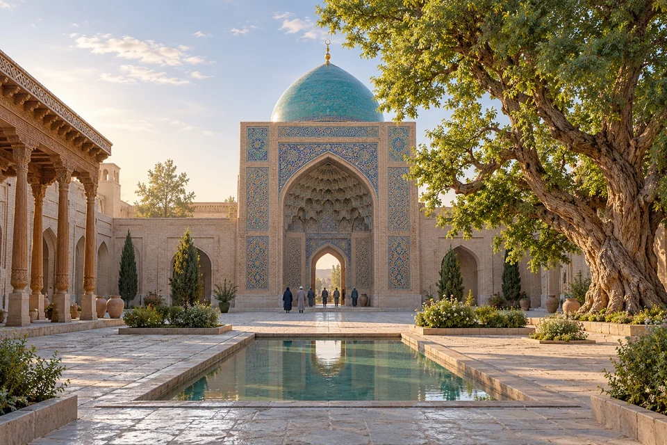 Shrine courtyard with a carved wooden iwan and turquoise dome; visualisation