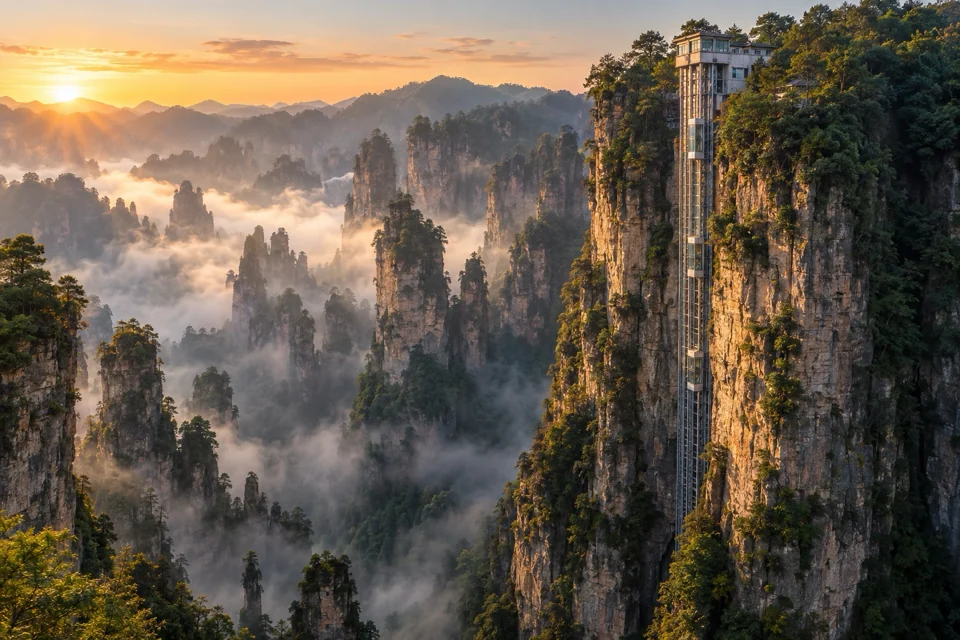 Glass Bailong Elevator climbing a sheer cliff among misty rock pillars in Zhangjiajie
