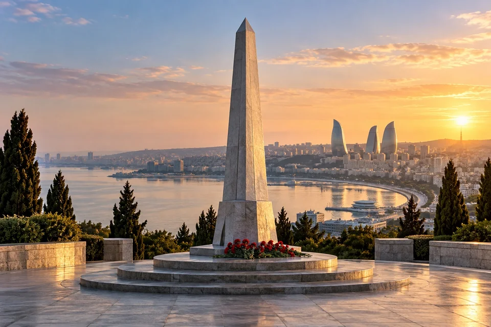 Red carnations at a hilltop memorial above a bay; visualisation