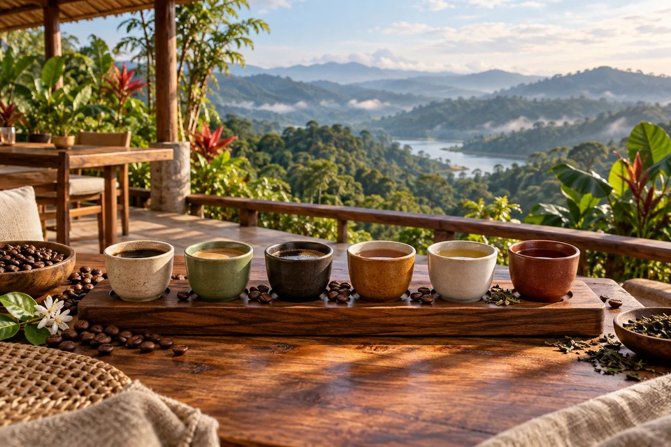 Bali manzarası eşliğinde kahve tadım fincanları