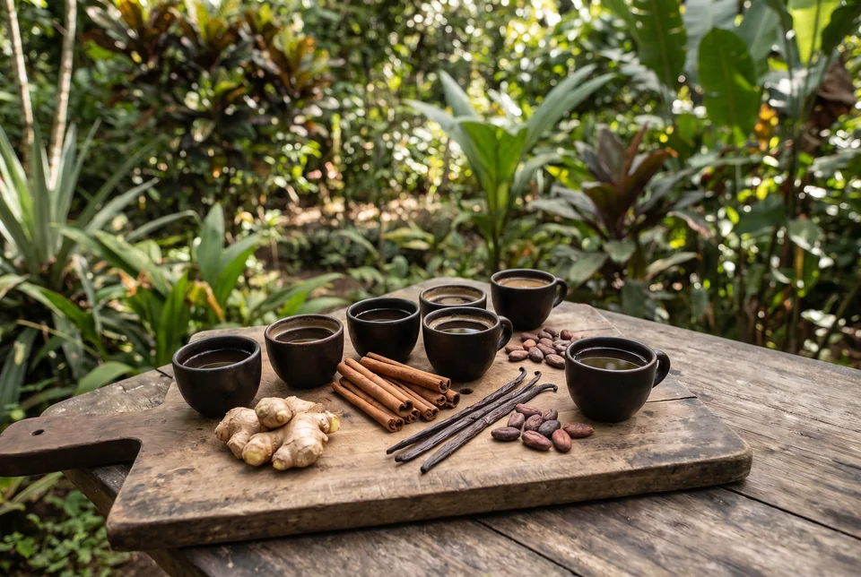 Coffee cups, ginger, cinnamon and vanilla on a wooden board in a Bali spice garden, visualization